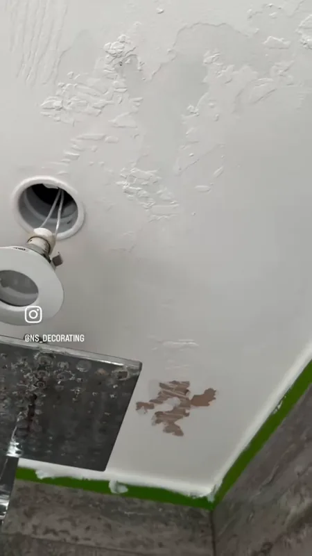 The ceiling over the shower: flaking paint, then the finished ceiling — before