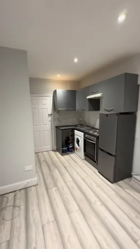 The living area, from carpet to new flooring — after