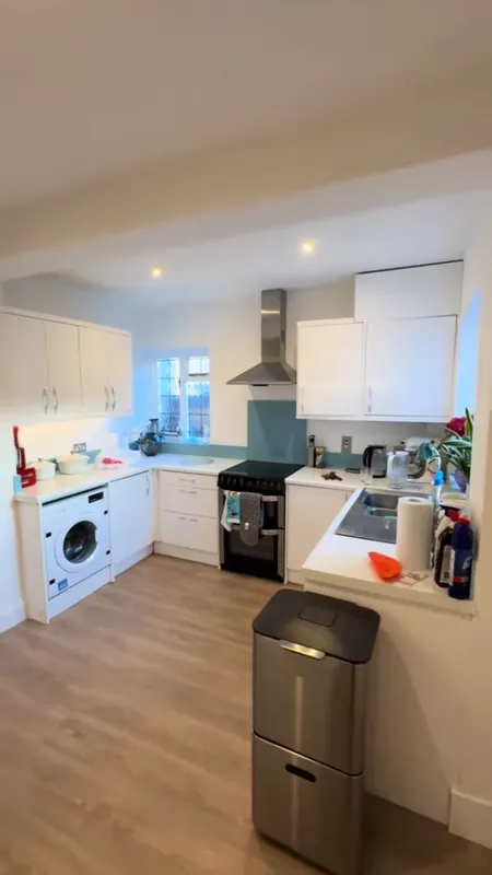 The kitchen, with the new flooring
