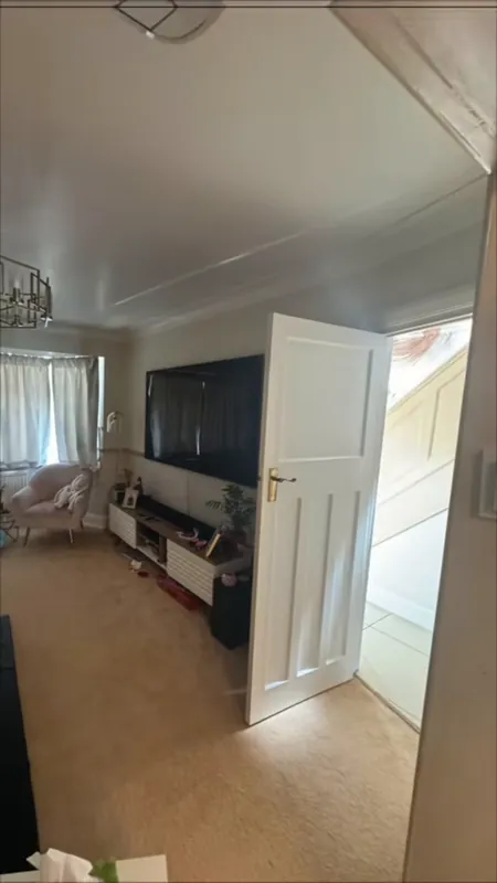 The living room, TV wall and door — before