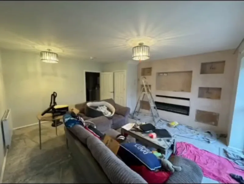 The lounge during the work, with the new wall boarded