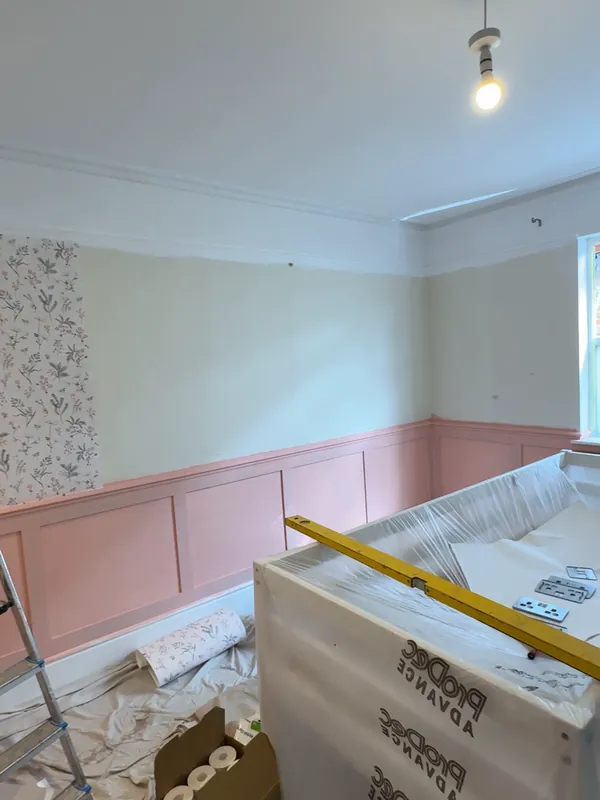 Panelling painted, wallpaper going up