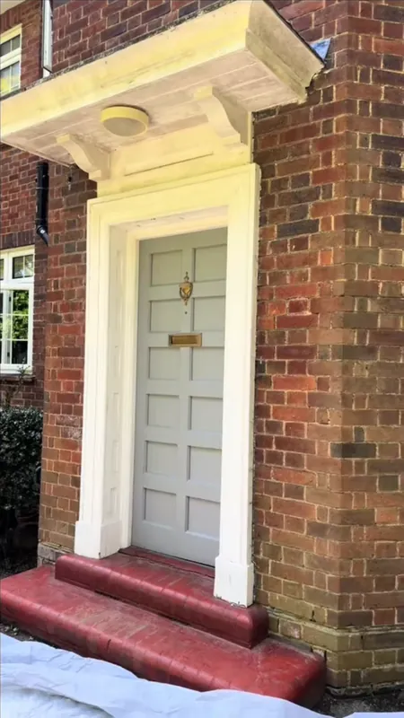 The porch from the side: canopy, columns and door surround — before
