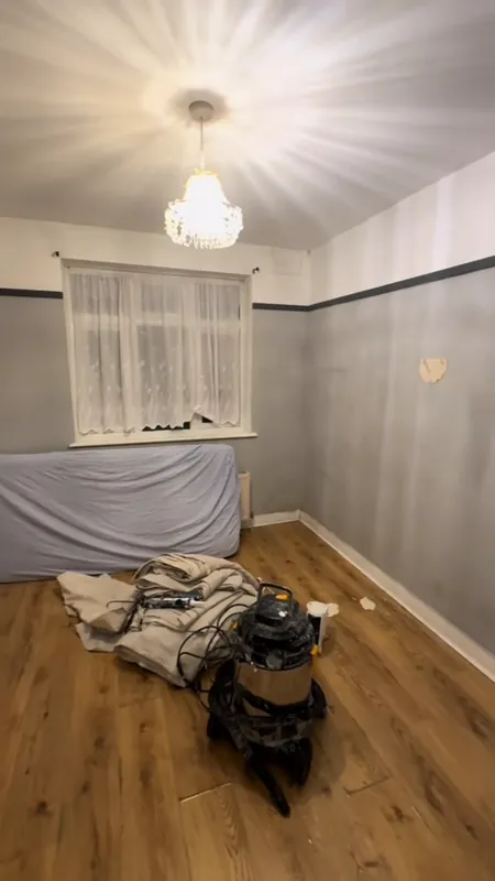 The living room window wall, from grey to Willow Tree — before