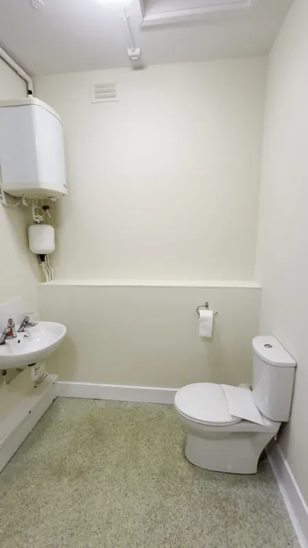 The toilet, repainted with white woodwork