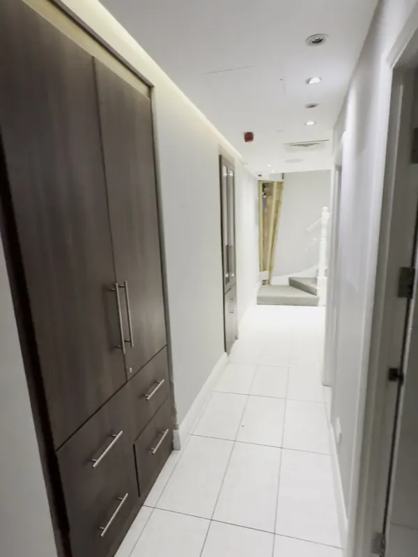Corridor: dark built-in cupboards replaced with arched shelving — before